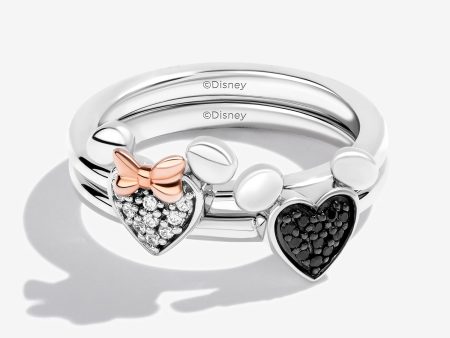 Mickey and Minnie Mouse Black and White Diamond Hearts Stack Rings, Sterling Silver Online now