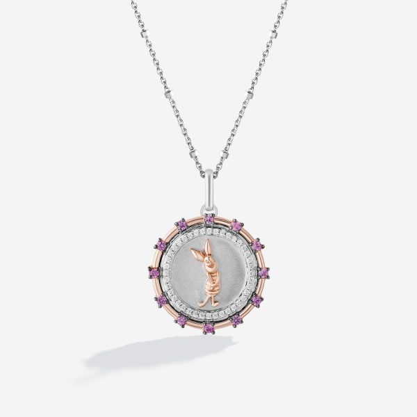 14K Rose Gold Over Sterling Silver Piglet Round Medallion Necklace with 1 6 CT.TW. Diamonds For Discount