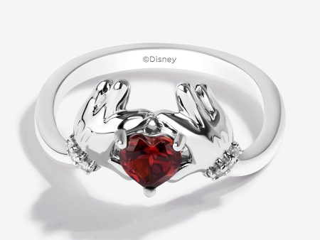 Mickey Mouse Hand Heart Garnet and Diamond Accent Sterling Silver Ring For Sale