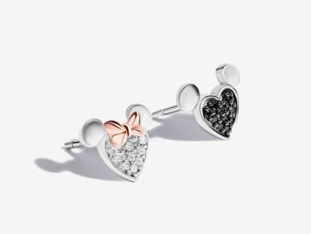 Mickey and Minnie Mouse Black and White Diamond Heart Stud Earrings, Sterling Silver For Sale