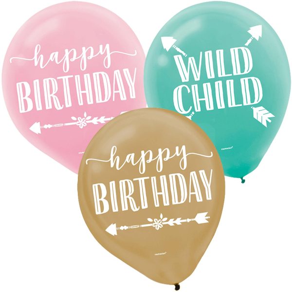 Boho Birthday Girl Assorted Latex Balloons 12in, 15pcs Online now