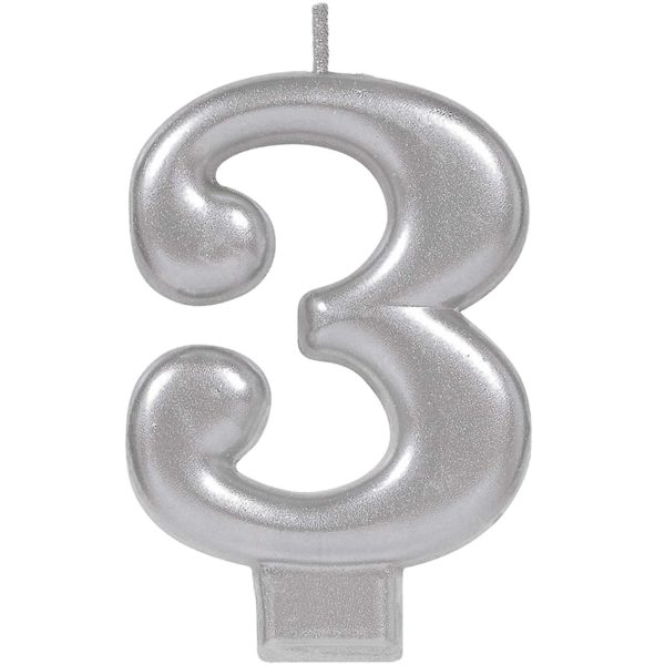 #3 Silver Numeral Metallic Candle Sale